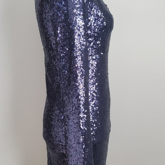 Women's Sequined Party Dress Short Mini Bodycon Ruched Accents V Neck Navy Blue - Picture 6 of 11